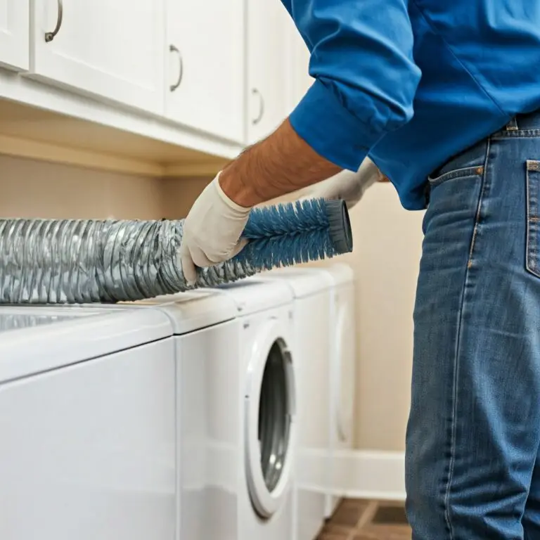 A person wearing a blue shirt and protective gloves uses a brush to clean a dryer vent duct positioned above a white dryer.