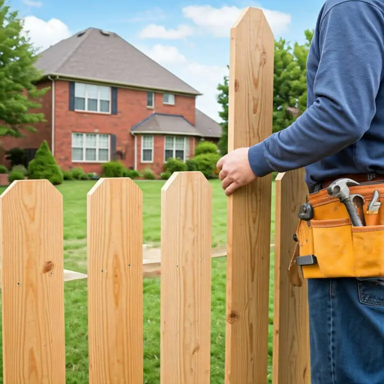 A person wearing a blue shirt and tool belt works on installing wooden fence pickets in front of a two-story brick house.