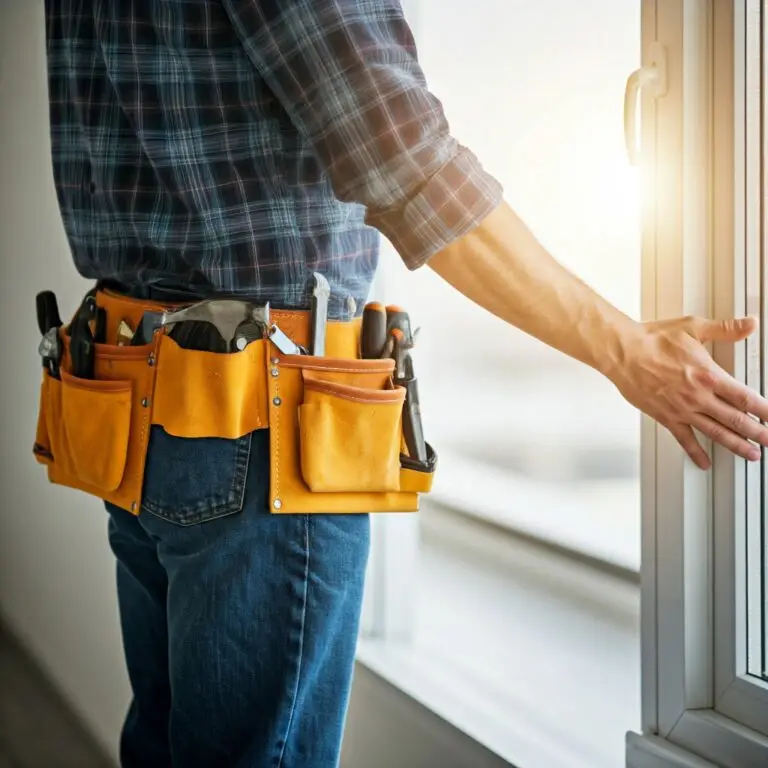 A person wearing a plaid shirt and yellow tool belt inspects a window in natural light.