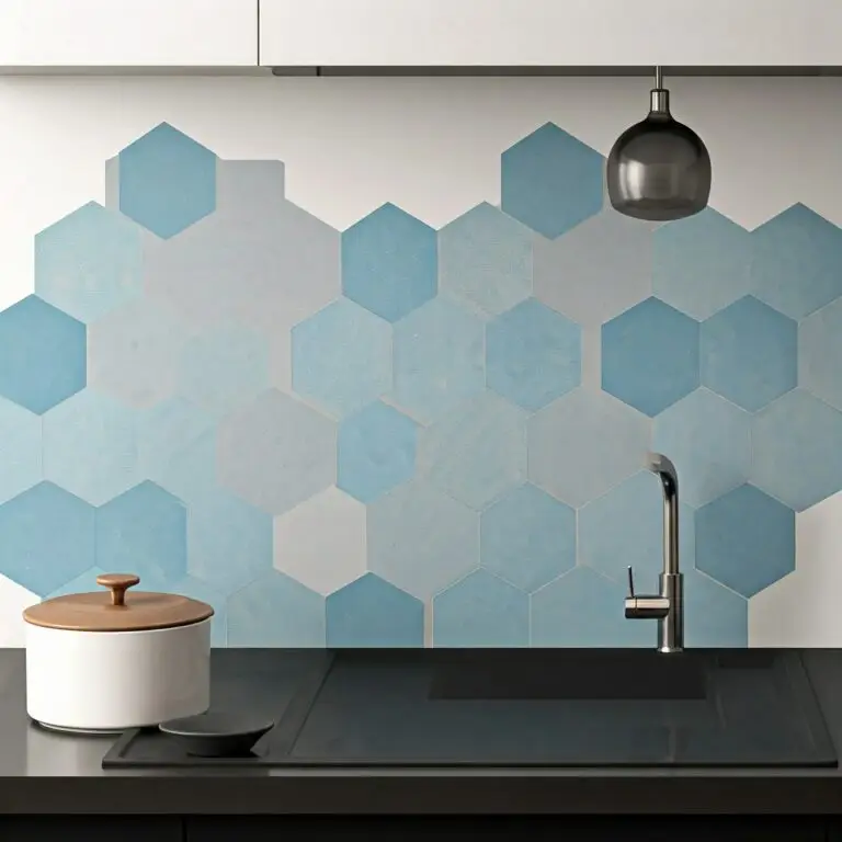 Modern kitchen backsplash with blue hexagonal tiles, a sleek faucet, and a countertop featuring a white ceramic pot with a wooden lid.