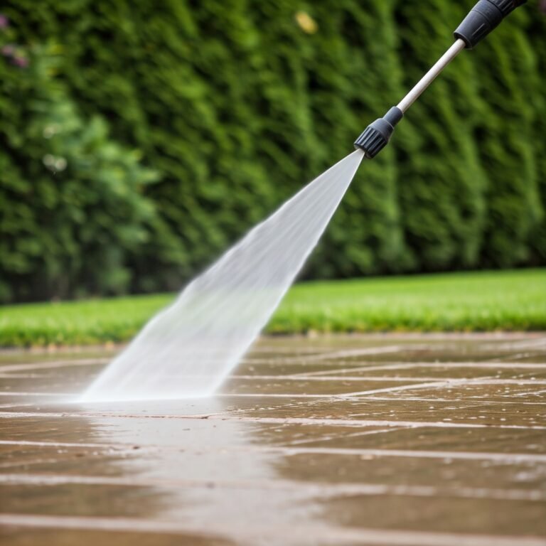 A pressure washer cleaning a concrete surface, surrounded by lush greenery in the background.