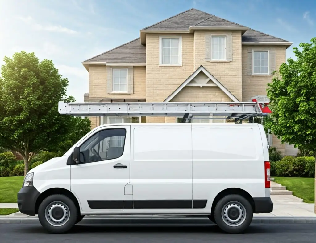 A white commercial van with ladder racks parked in front of a two-story house.