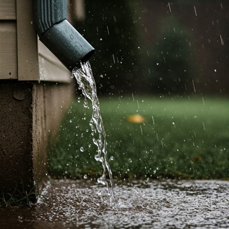 Rainwater pouring from a downspout onto wet ground with raindrops visible in the air.