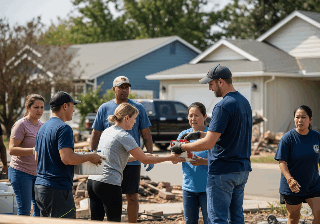 Volunteers engage in hands-on work to support community rebuilding efforts.