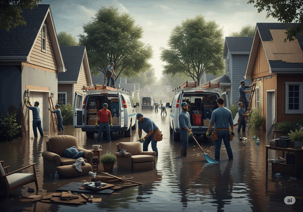 A flooded neighborhood scene with workers in blue shirts and gloves performing repairs on homes amidst rising water levels.